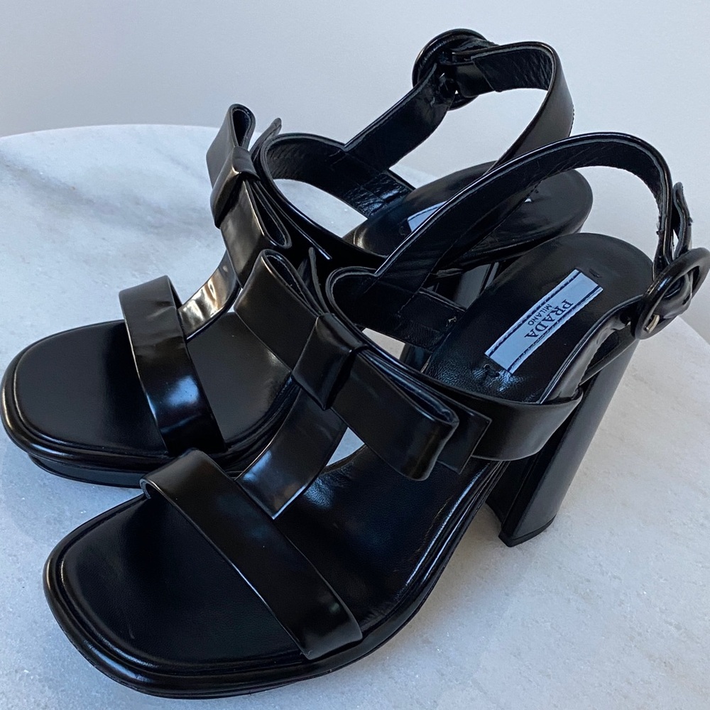 Prada Black Patent Leather Bow Strap Heels – Made in Italy – Size 37